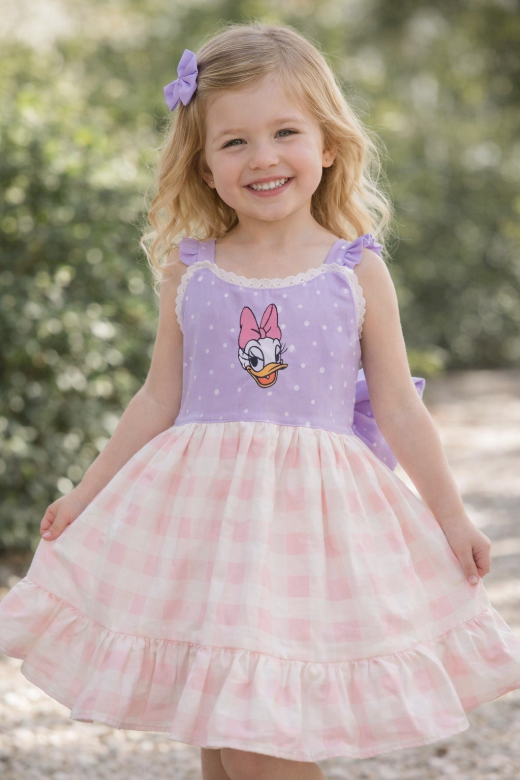 Daisy Duck Inspired Lavender & Pink Gingham Twirl Dress for Baby & Toddler Girls